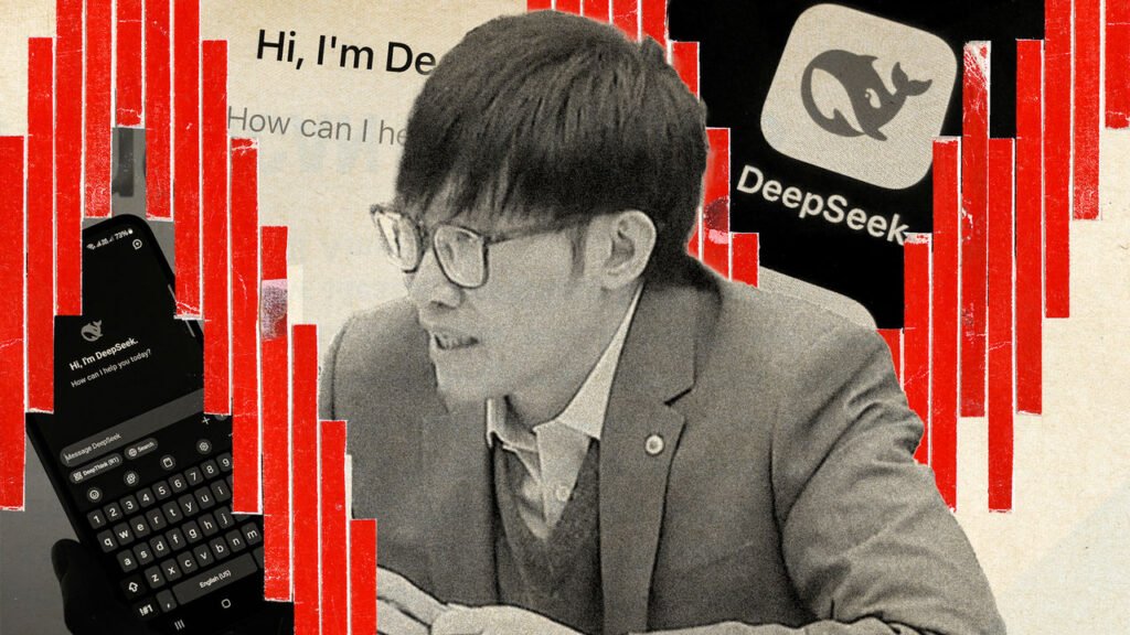 A collage showing Liang Wenfeng surrounded by some Deepseek visuals like the logo and some messages from the app