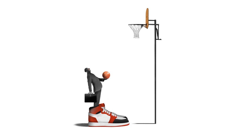 An illustration of the new CEO of Nike stepping into large basketball shoes looking up nervously at a high basket.