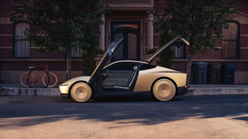 The trouble with Elon Musk’s robotaxi dream Tesla robotaxi with car doors open.
