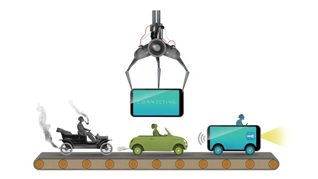 A conveyor belt with a Ford T, a modern car and an EV car. Above them is a robot hand holding a smartphone. This talks about the evolution of cars and production.