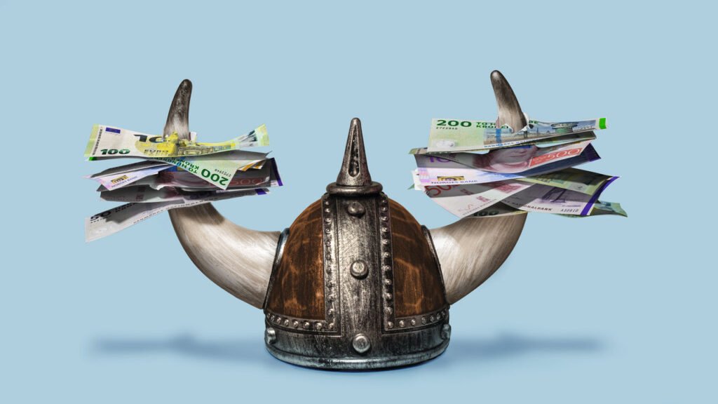 Illustration of a viking helmet with nordic bank notes pierced on its horns