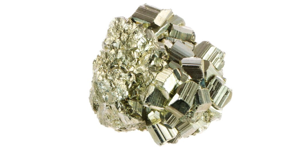 A white background with a jagged, multifaceted shiny gold material in the center.