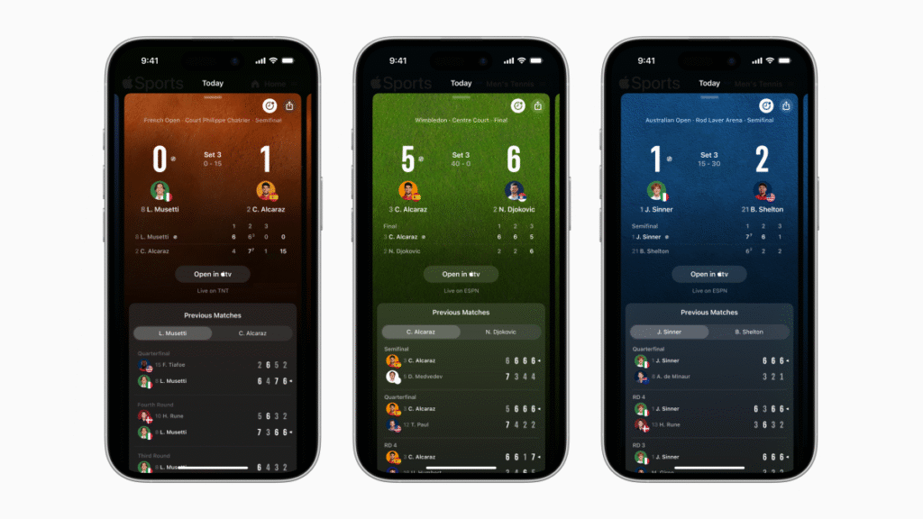 Apple Sports app adds live tennis scores and a redesigned home screen