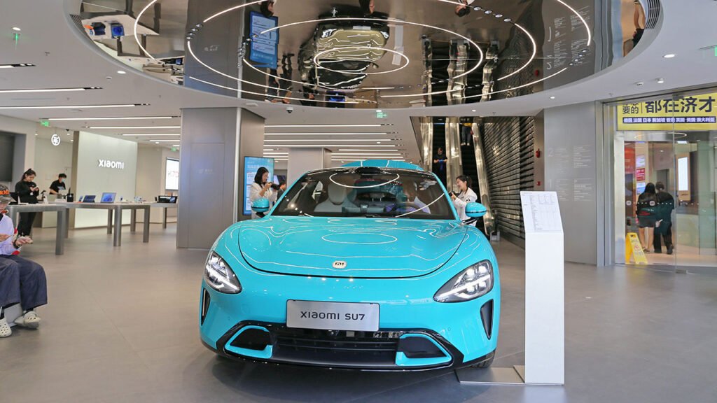 Mi Car SU7 on display at the flagship MI Home Auto store in Shanghai, China