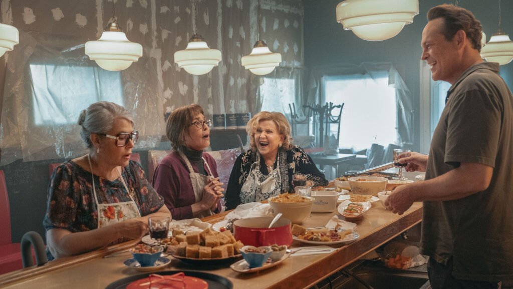 Lorraine Bracco as Roberta, Talia Shire as Teresa, Brenda Vaccaro as Antonella and Vince Vaughn as Joe Scaravella in 'Nonnas.'