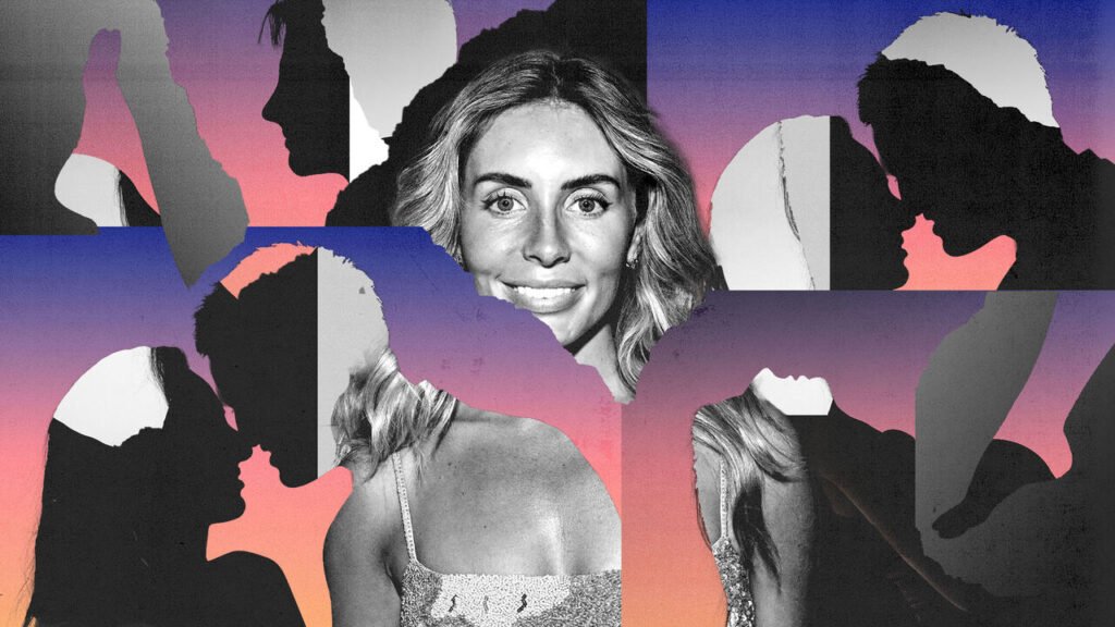 This illustration appears to represent the theme of modern romance or dating, possibly in the context of reality TV or dating shows. The central focus is on a smiling woman in full color, while the surrounding silhouettes of couples kissing or being intima