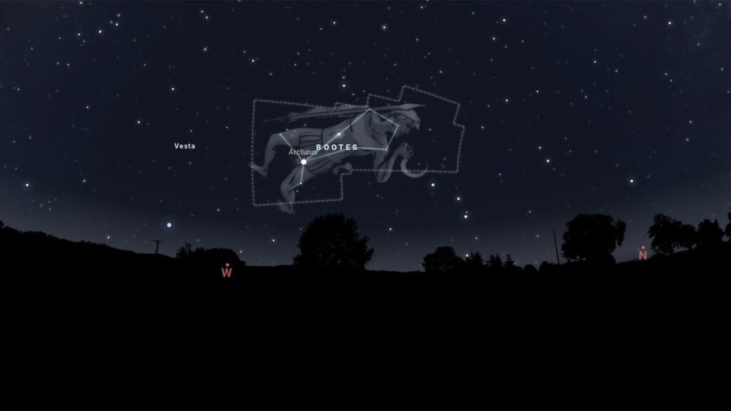 A screenshot of the Bootes constellation over the western horizon