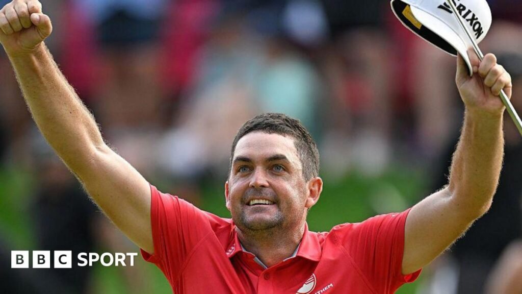 Keegan Bradley celebrates his victory on Sunday