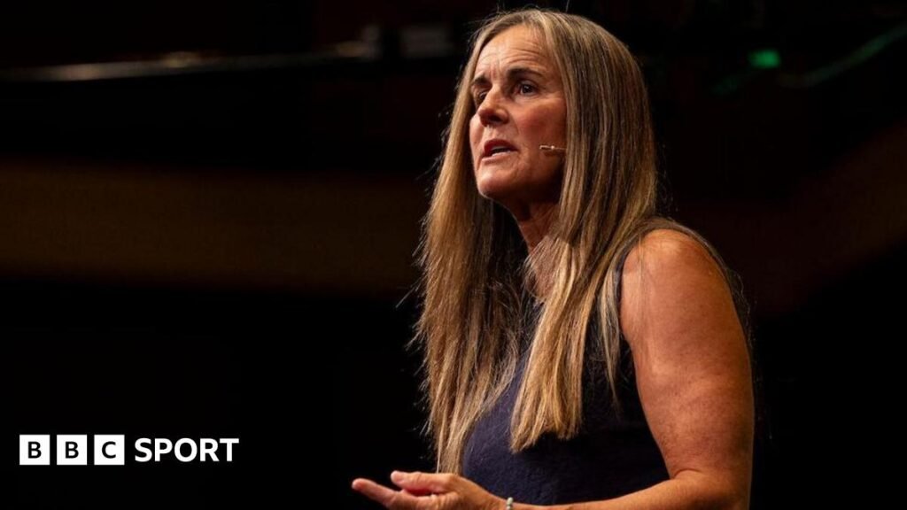 Brandi Chastain gives a speech at the 2025 FAW National Coaching Conference