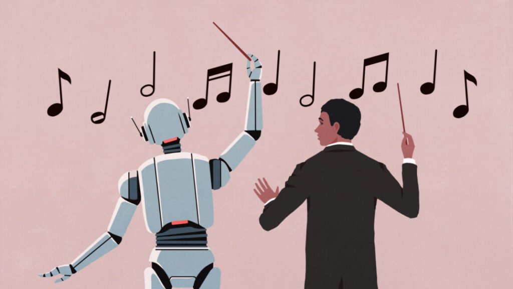 Orchestra conductor watching AI robot conduct music notes on beige background - stock illustration