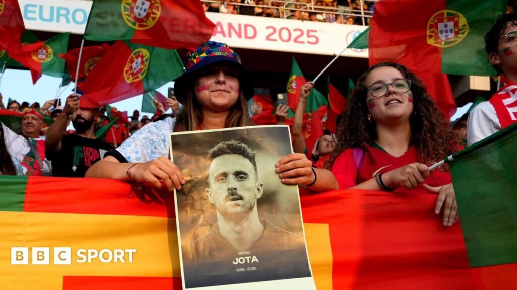 Diogo Jota death: Portugal fans and players pay tribute at Euro 2025 Fans of Portugal hold up a poster as a tribute following the death of Diogo Jota