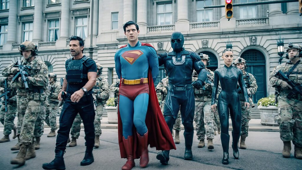 Superman, Frank Grillo as Rick Flag Sr. (left), David Corenswet as Superman (center), Maria Gabriela de Faria as The Engineer (right), 2025.