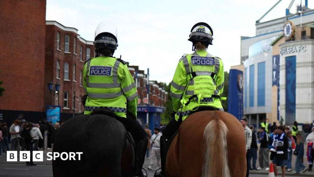 Police report 18% rise in disorder at football matches during 2024-25 season Mounted police outside Chelsea's Stamford Bridge stadium
