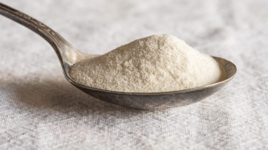 Xanthan gum powder on a spoon resting on a white textured surface.