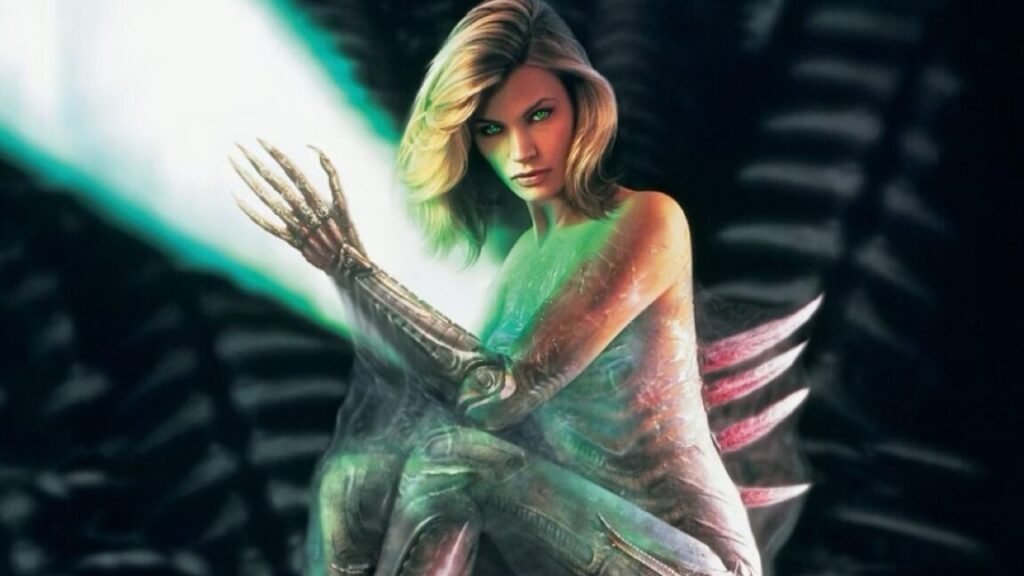 poster art showing a human/alien hybrid woman seated with spikes coming out of her back