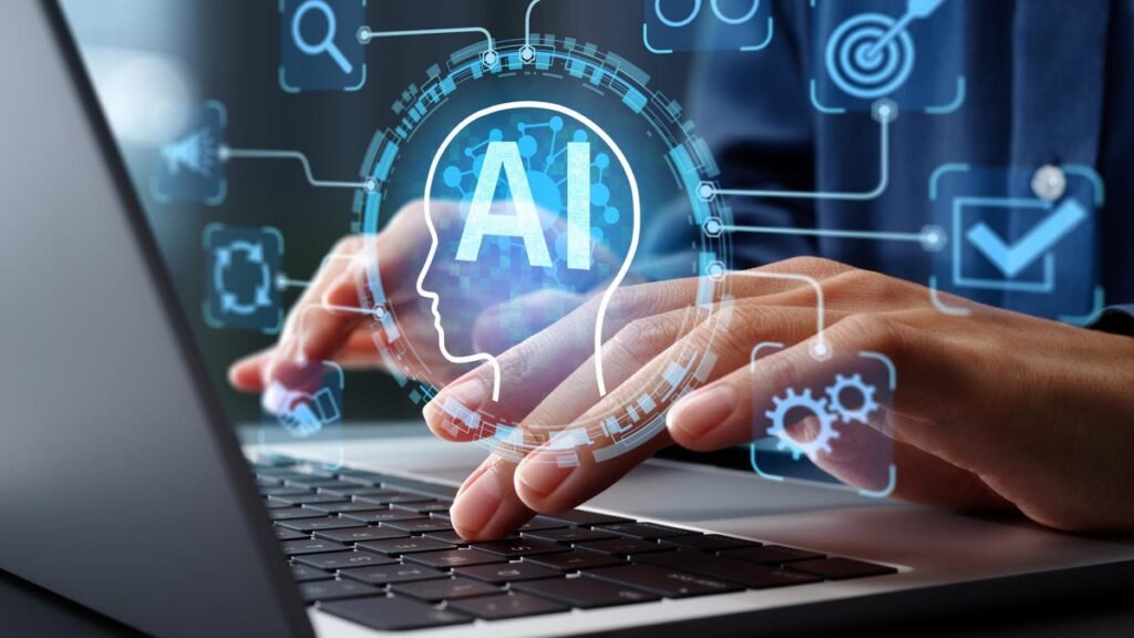 a hand typing on a laptop with a hologram of a head with AI in the brain