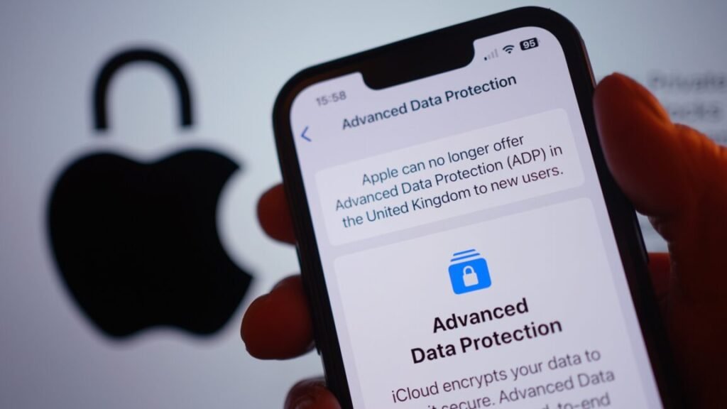 An iPhone displays a message that says, "Apple can no longer offer Advanced Data Protection (ADP) in the United Kingdom to new users."