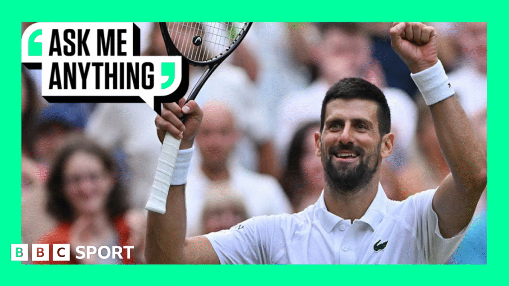 Novak Djokovic stretches to make a forehand shot with his right arm during his third round match against Miomir Kecmanovic on Centre Court at Wimbledon in 2025.