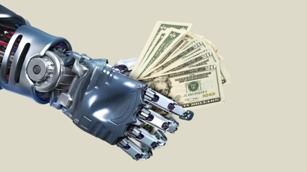 Robot hand holding lots of dollar notes