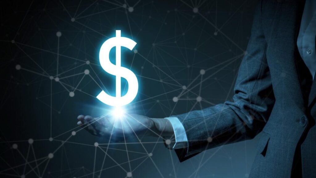 Illustration of a dollar symbol floating on a woman's hand