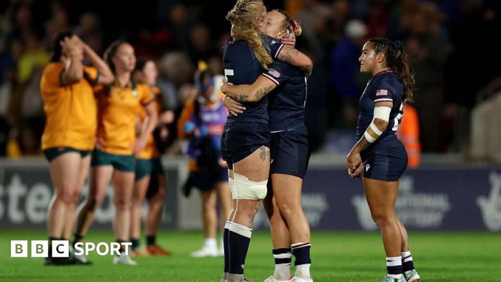 USA 31-31 Australia: Teams draw thrilling Women’s Rugby World Cup Pool A match McKenzie Hawkins and Erica Jarrell-Searcy of the USA embrace at full-time