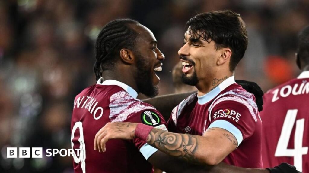 Michail Antonio (left) and Lucas Paqueta (right) celebrate together